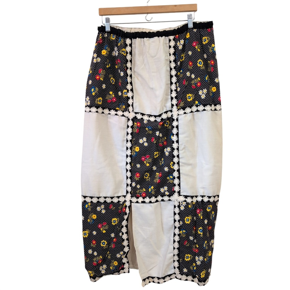 Vintage 70s Mr Hank Patchwork Midi Skirt Polka Dot Daisy Cottagecore Boho Folk